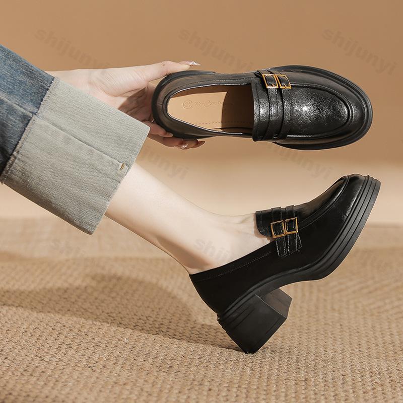 Women's Loafers 2026 Autumn New Comfortable Height Increase Slip on Leather Shoes Fashion Metal Decoration Non Slip High Heels