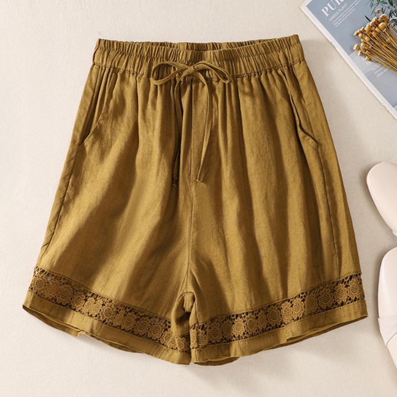 Casual Solid Linen Lace Floral Summer Short Pants Loose Elastic Waist Boho Beach Wear Shorts Women Bottom