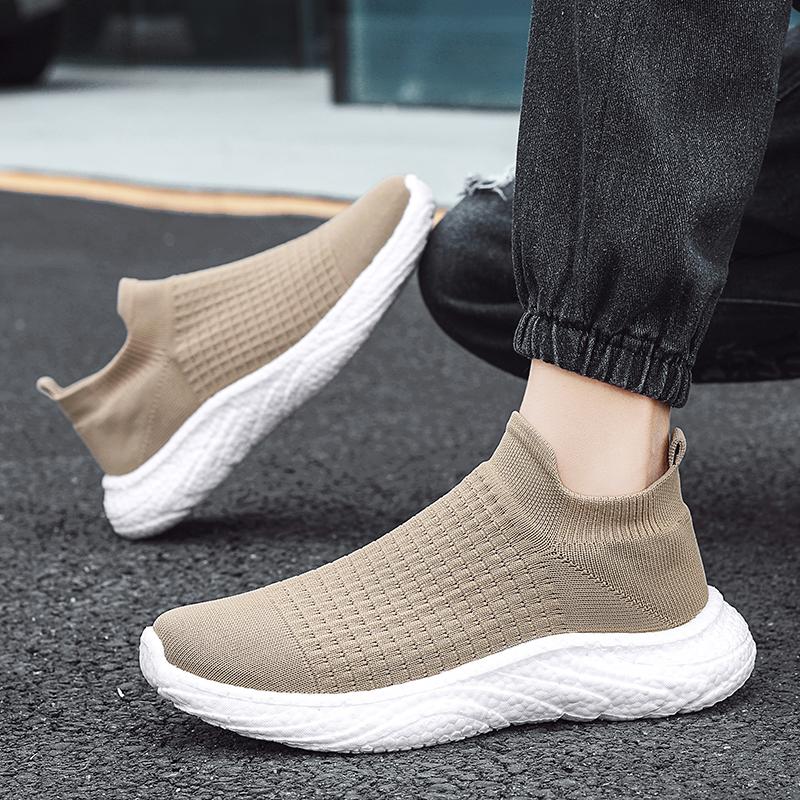 Fashion Khaki New Trendy Lovers Casual Shoes Male Breathable Lightweight Flying Knitted Shoes Ladies Outdoor Non-slip Sports Sneaker 45
