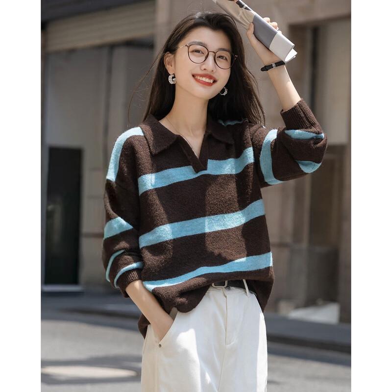 Demana Women's Retro Striped Color Block Turn-Down Collar Sweater