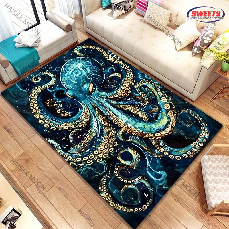 Dywan z nadrukiem o tematyce ośmiornicy olbrzymiej Nowość! Wytrzymałe do salonów, sypialni, biur, trwałe maty do prania w pralce