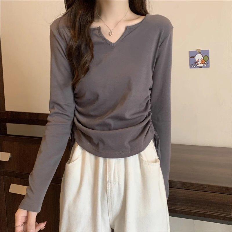 

Women s Plus Size Drawstring V-Neck Long-Sleeve T-Shirt - Slimming & Flattering Base Layer for Spring/Autumn. 4XL (181-200 jin) темно-серого