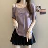 2025 Spring/Summer Plus Size Off-Shoulder Letter Print T-shirt - Women's Trendy Loose Slimming Fashion