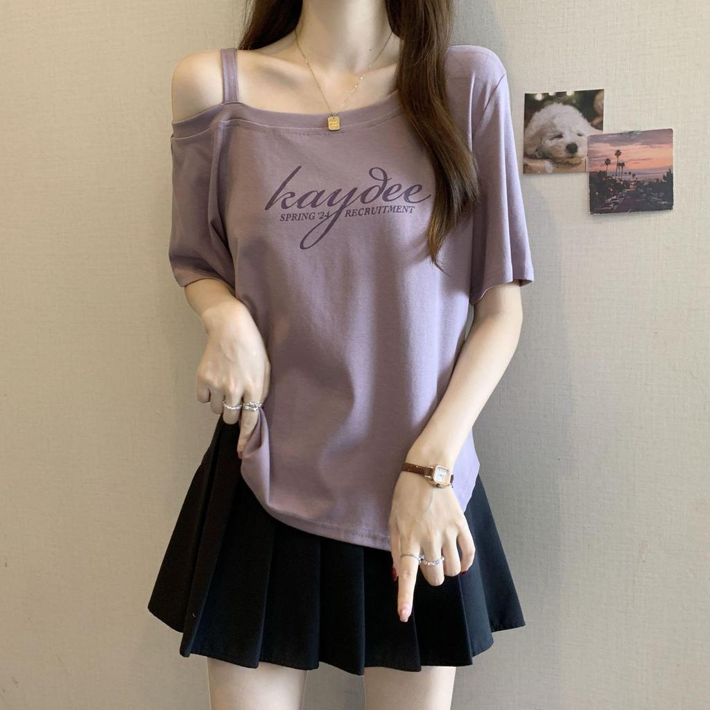 2025 Spring/Summer Plus Size Off-Shoulder Letter Print T-shirt - Women's Trendy Loose Slimming Fashion