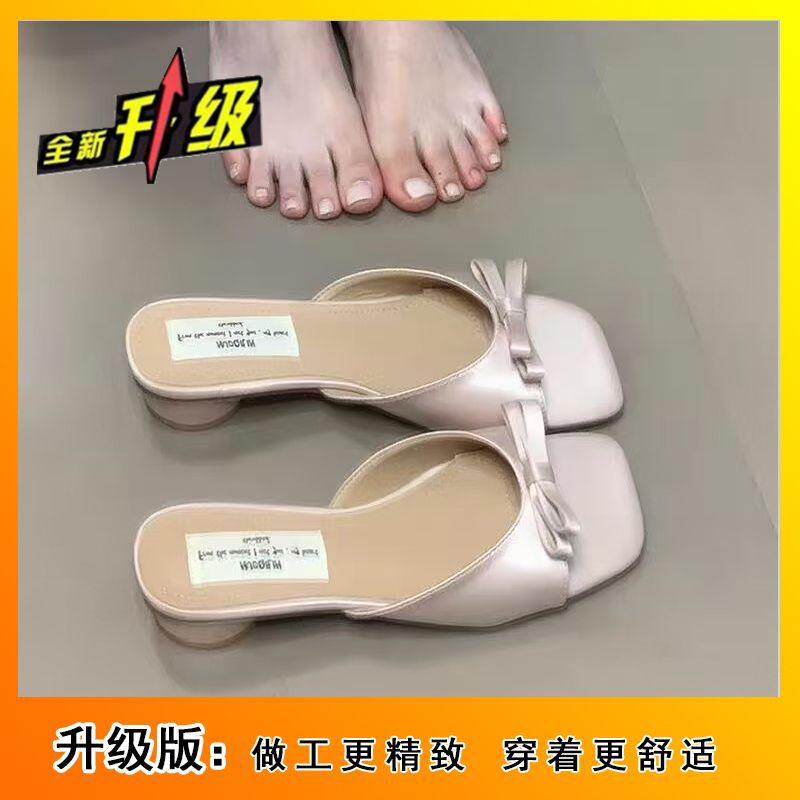 Bow Thick Heel High Heel Cool Slippers French Evening Breeze Gentle Fairy Word Slippers 2025 Summer Wear New
