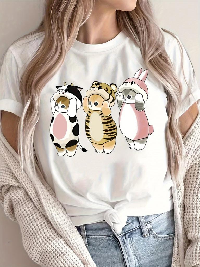 Women's Cute Cartoon Animal Print Short-Sleeve T-Shirt Casual & Sporty Design for with Adorable Cat Dog Rabbit & Bear Graphic