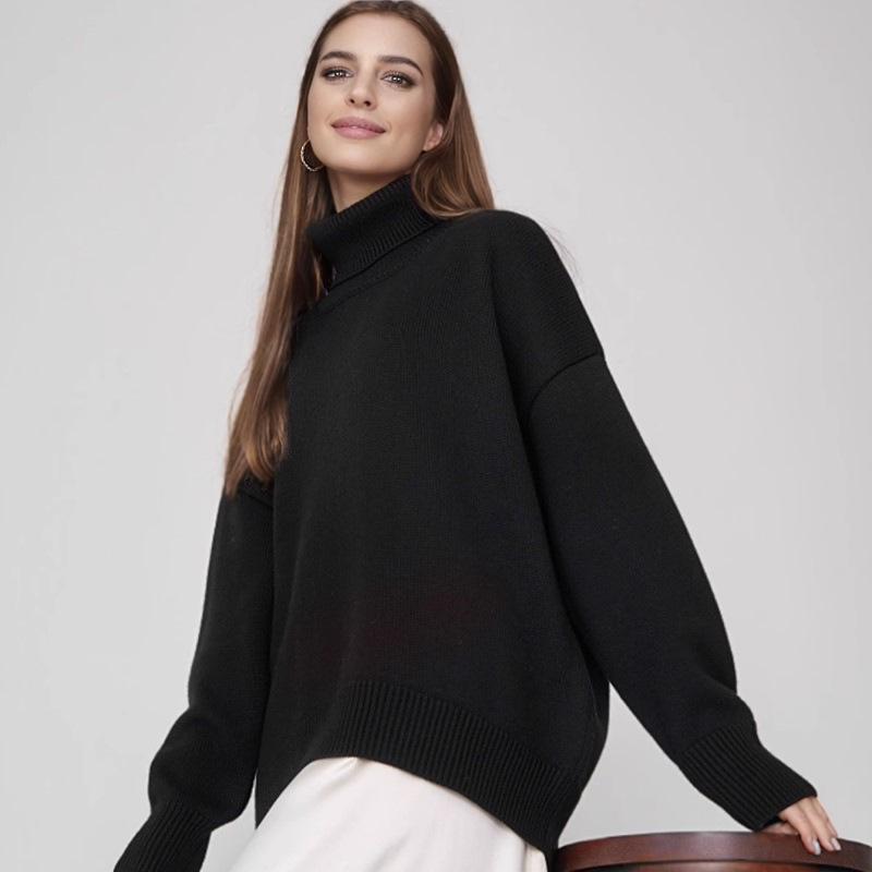 Women's Classic Solid Color Turtleneck Sweater - European & American Autumn/Winter Loose Knitwear