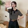 Ice Silk Stripe Polo Neck Short Sleeve T-shirt Women Summer New Casual Cropped Knit Top