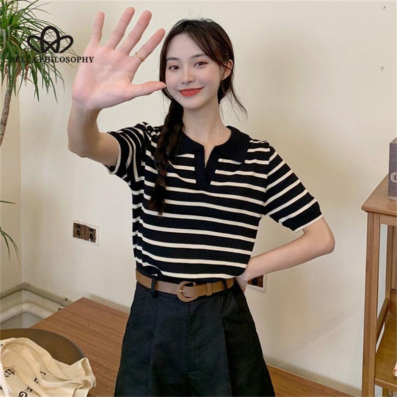 Ice Silk Stripe Polo Neck Short Sleeve T-shirt Women Summer New Casual Cropped Knit Top