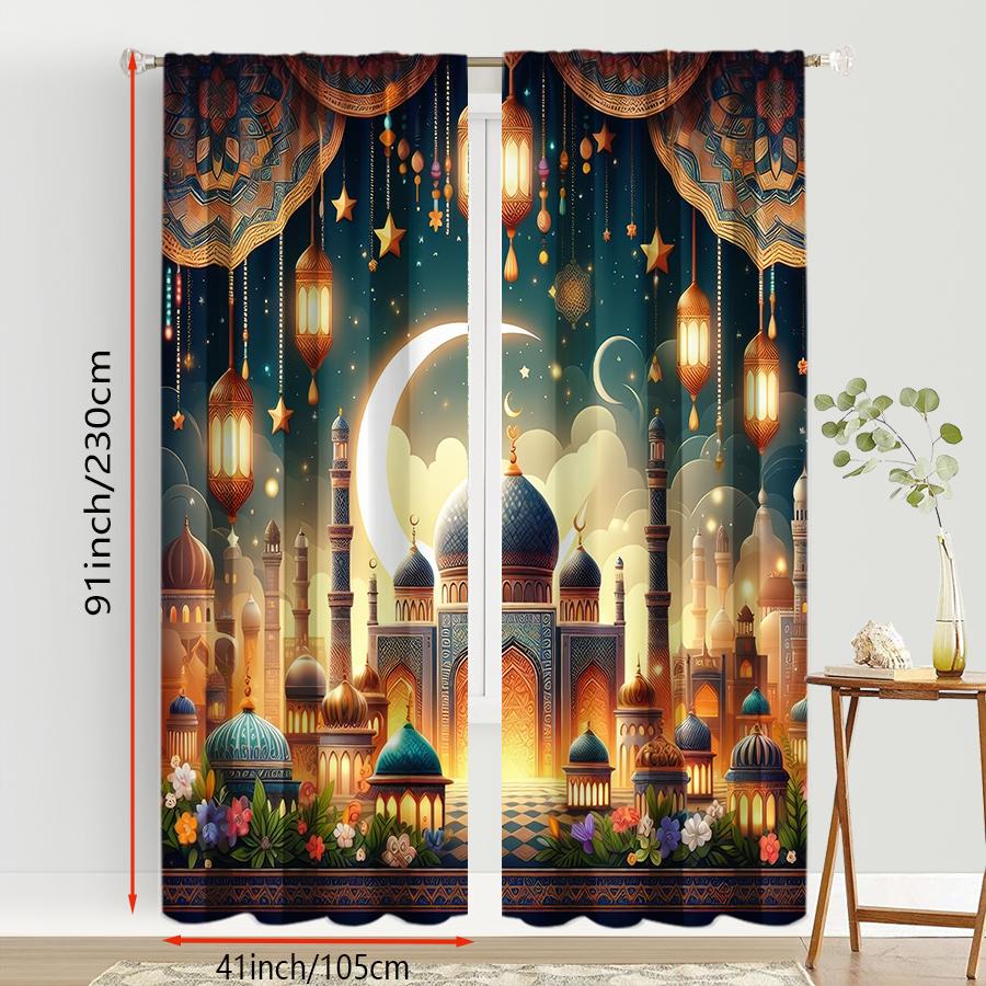 2PCS Gilded Night City Ramadan Theme Curtains   Dreamy Luxury Style   Bedroom and Living Room   Drawbar Pocket Decorative Curtains