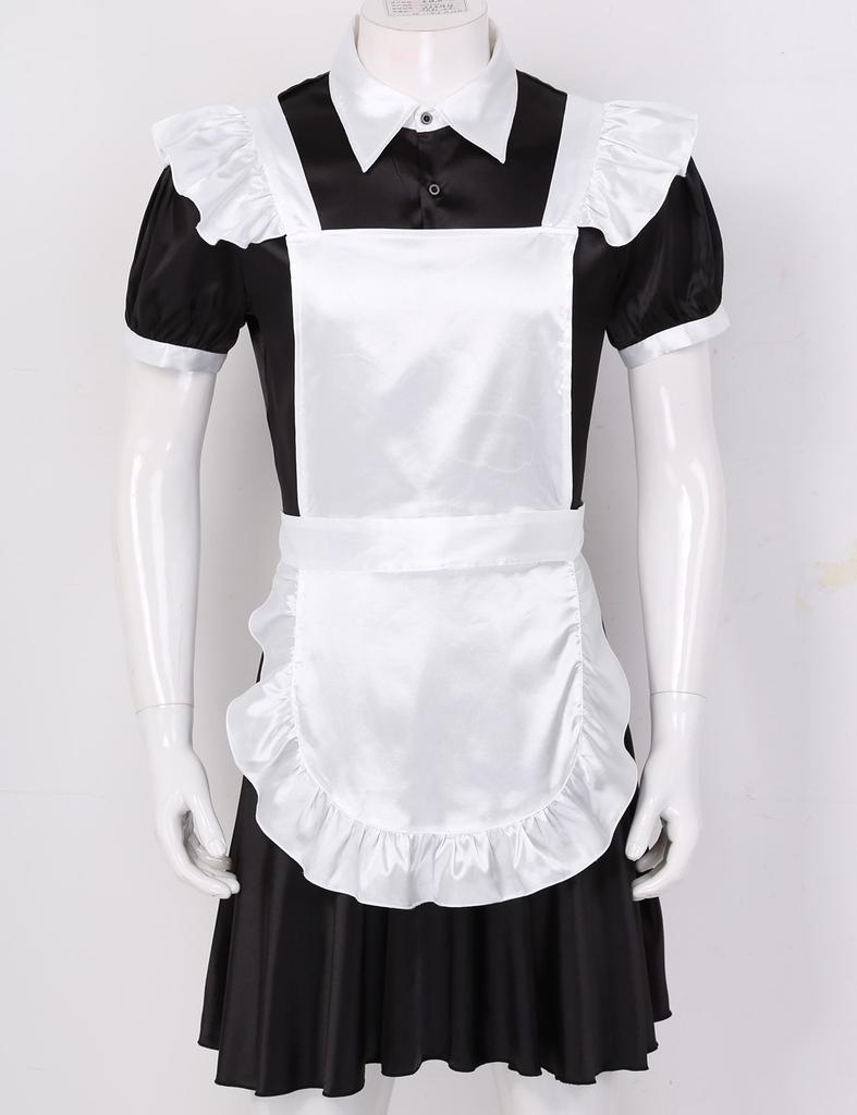 Men Sissy French Maid Outfits Cosplay Costumes Puff Sleeve Button Down Fancy Dress With Apron And Headband