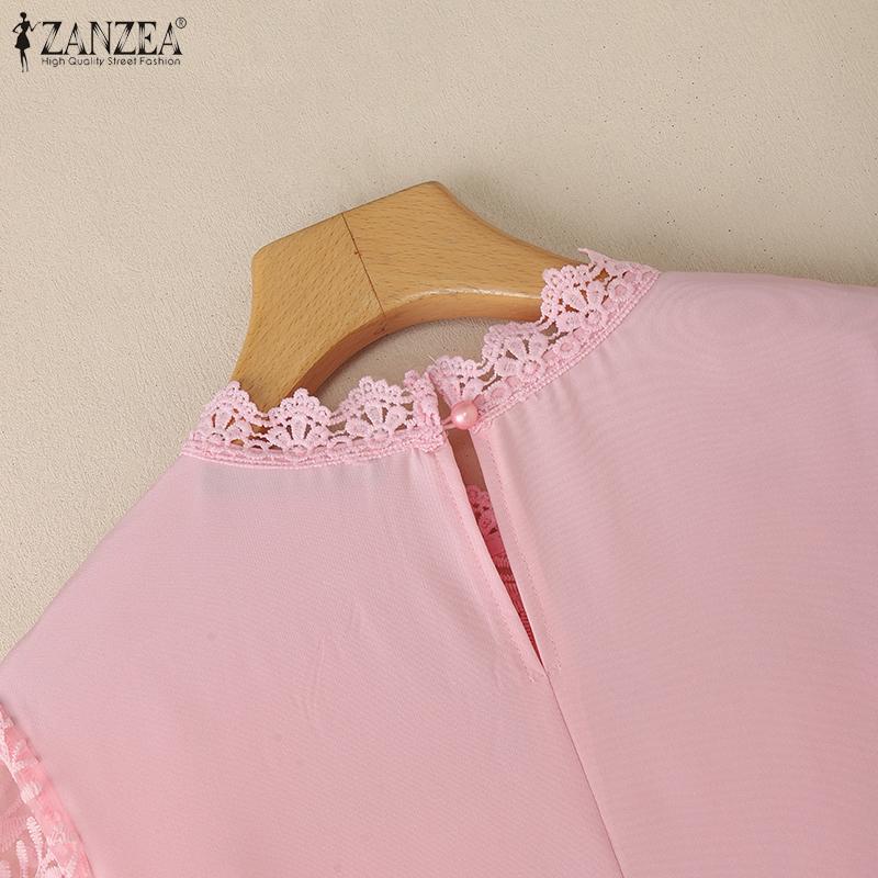 ZANZEA Damska letnia codzienna bluzka z rękawem 3/4, z haftowanym koronkowym patchworkiem