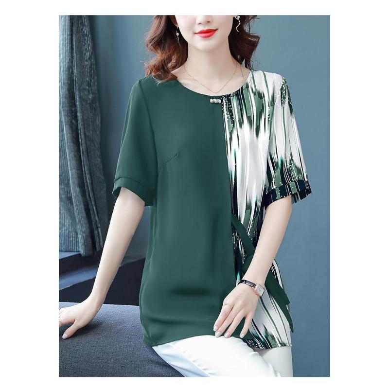 Western-style Loose Short-sleeved Chiffon Shirt Middle-aged and Elderly Summer Round-neck Fashionable Small Shirt
