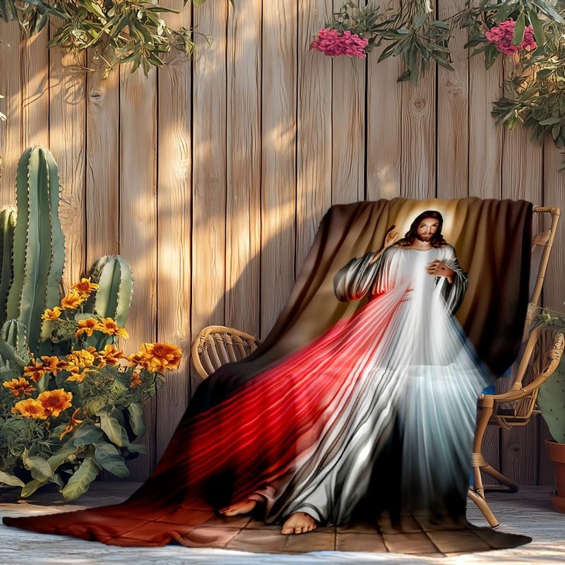 1pc Religious Jesus Flannel Blanket For All Season, Cozy Warm Soft Blanket For Travelling