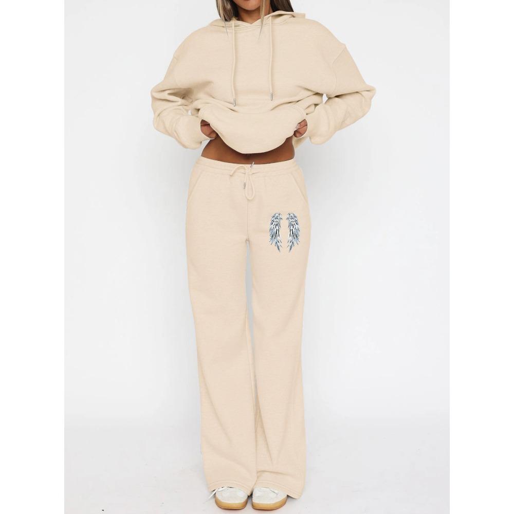Casual Women's Suit with Interesting Printed Patterns, Fashionable Hooded Sweatshirt and Wide Leg Pants Set