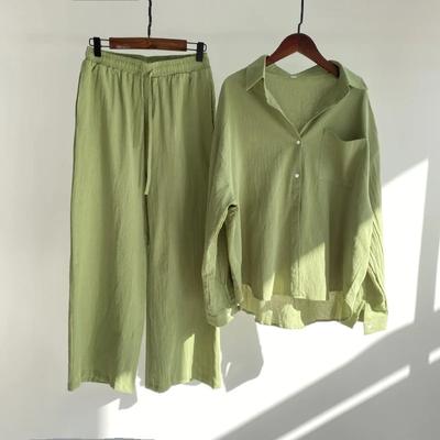 Casual Cotton Linen Women Shirt Loose Drawstring Wide Leg Pants Two Piece Set Vintage Autumn High Waist Work Y2k Outfits 30349