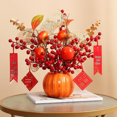 Luxuriöses chinesisches Granatapfel-Fruchtdekor: Rote künstliche Blumen & Ornamente