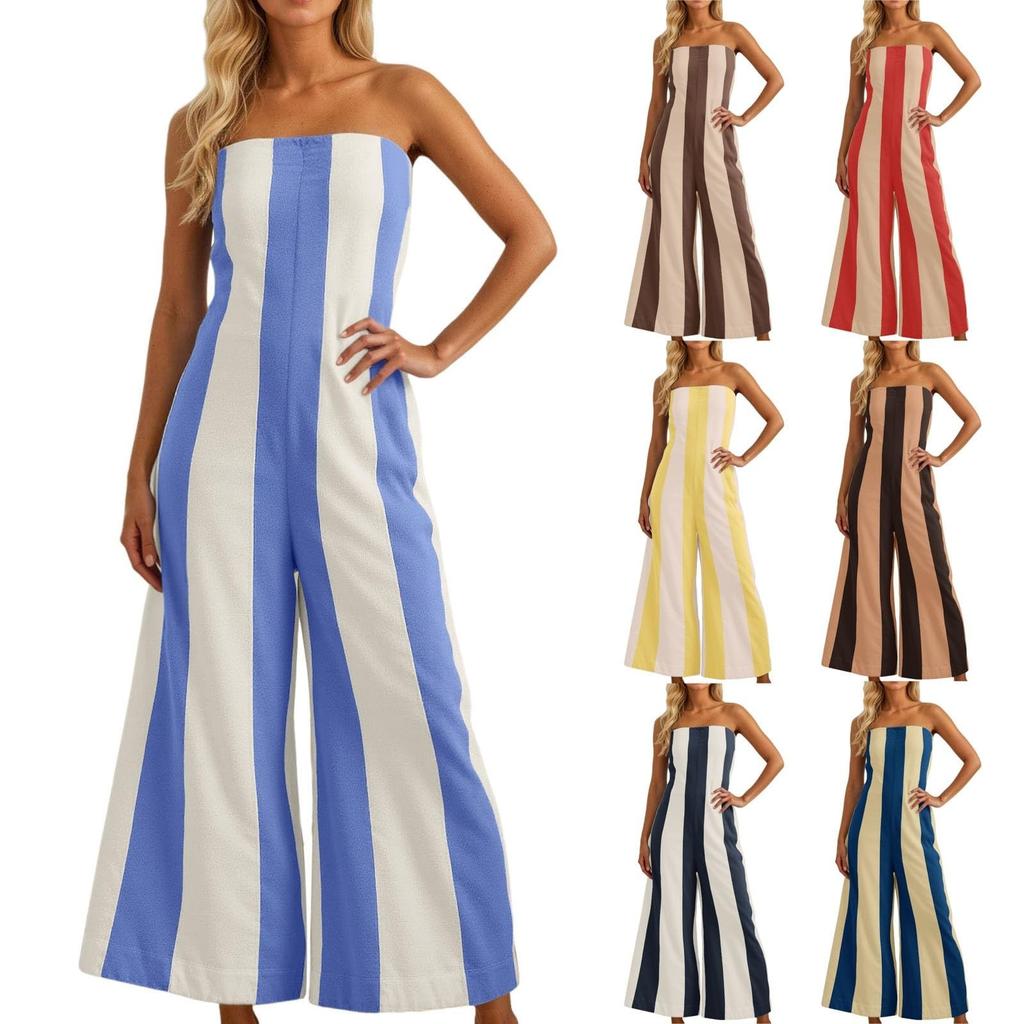 Comfy Wide Leg Jumpsuits For Women Summer Casual Strapless Striped Romper Loose Sleeveless Beach Outfits With Pockets