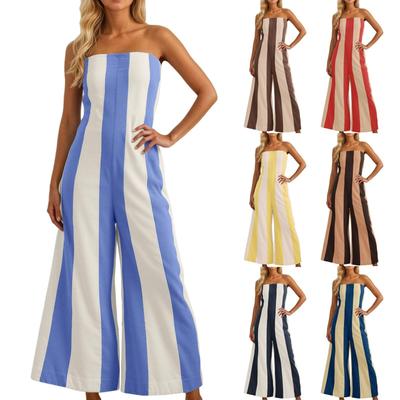 Bequeme Jumpsuits mit weitem Bein für Damen Sommer Casual Trägerlos Gestreifter Jumpsuit Locker Ärmellos Strandoutfits mit Taschen