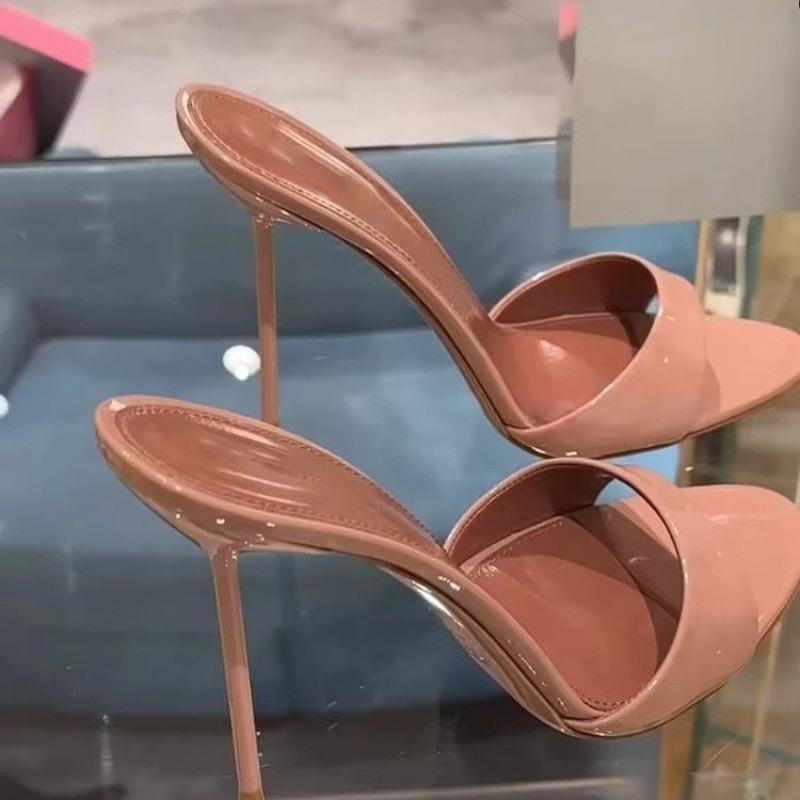 Summer New Patent Leather Open Toe Set Foot Non-slip Wear Wearing Slippers Women Sexy Pointy One-line High Heels