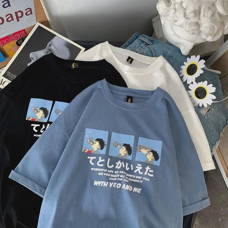 Damen Sommer 2021 Japanisches Cartoon Loose Fit Grafik-T-Shirt
