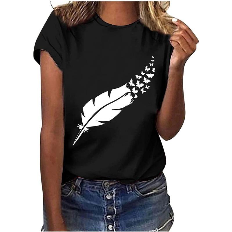 Summer Round Neck 3D Feather Animal Simplicity Print Top Fashionable Casual Short Sleeved Women's T-shirts