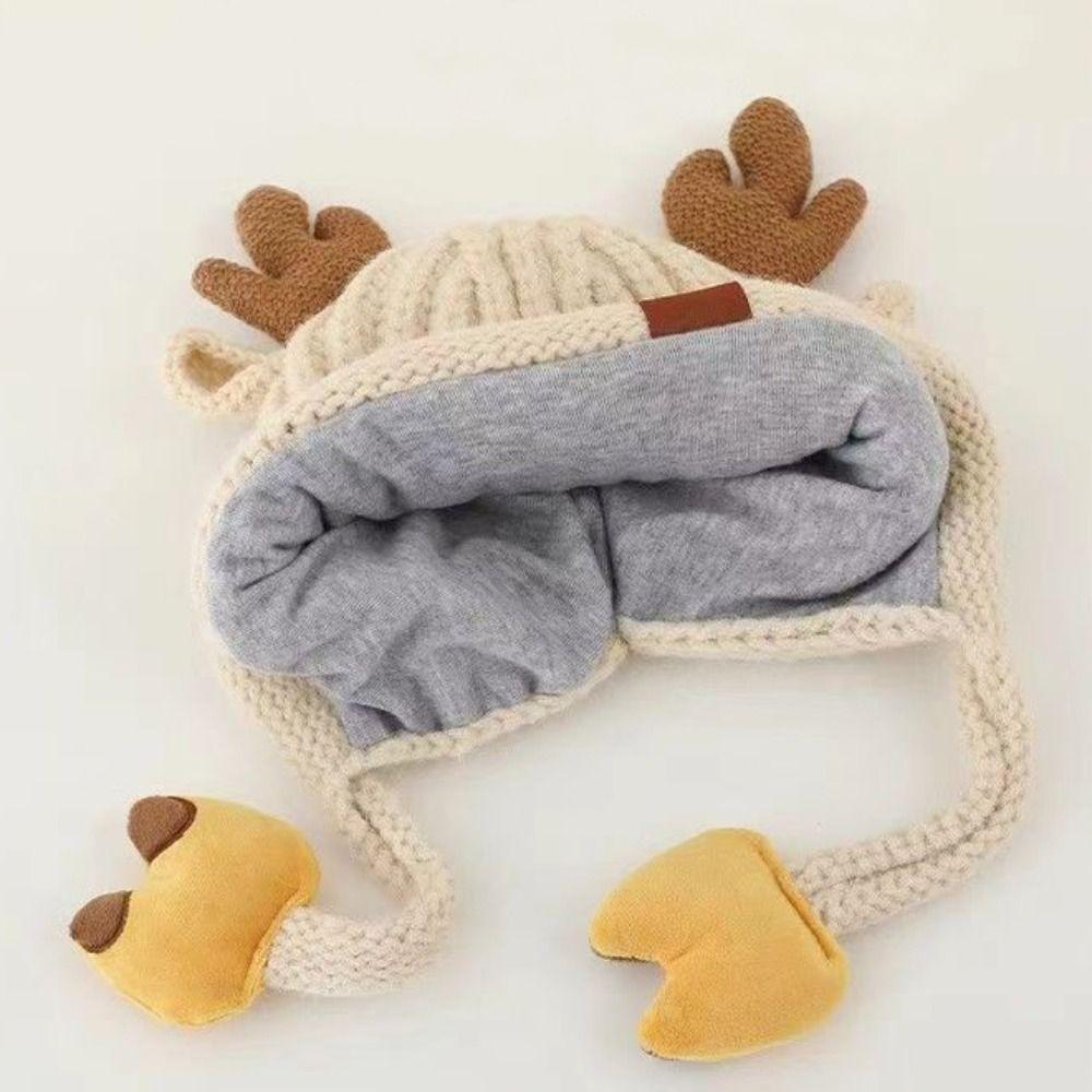 Cute Cartoon Reindeer Pattern Ear Protection Hat Thicken Knitted Knitted Hat Warm Soft Winter Warm Cap Christmas Party