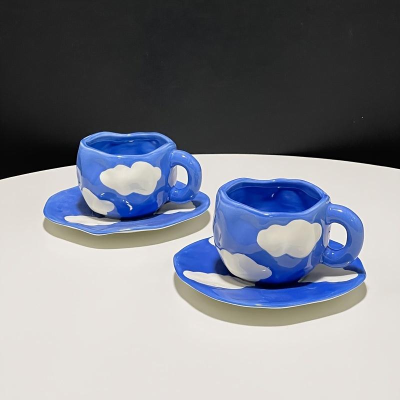 Reusable Ceramic Coffee Cup, Saucer Set with Blue Sky and White Cloud Design, Perfect for Breakfast and Afternoon Tea, Hand Wash Only
