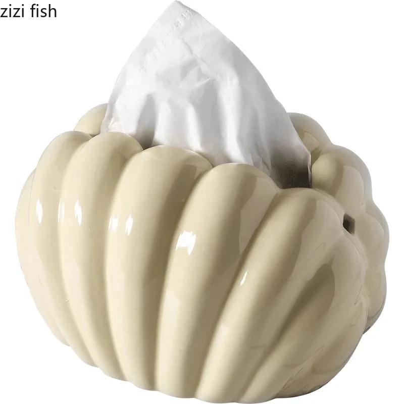 Cream Style Ceramic Tissue Box Creative Shell Shaped Napkin Paper Box Desktop Tissue Case Household Removable Tissue Box
