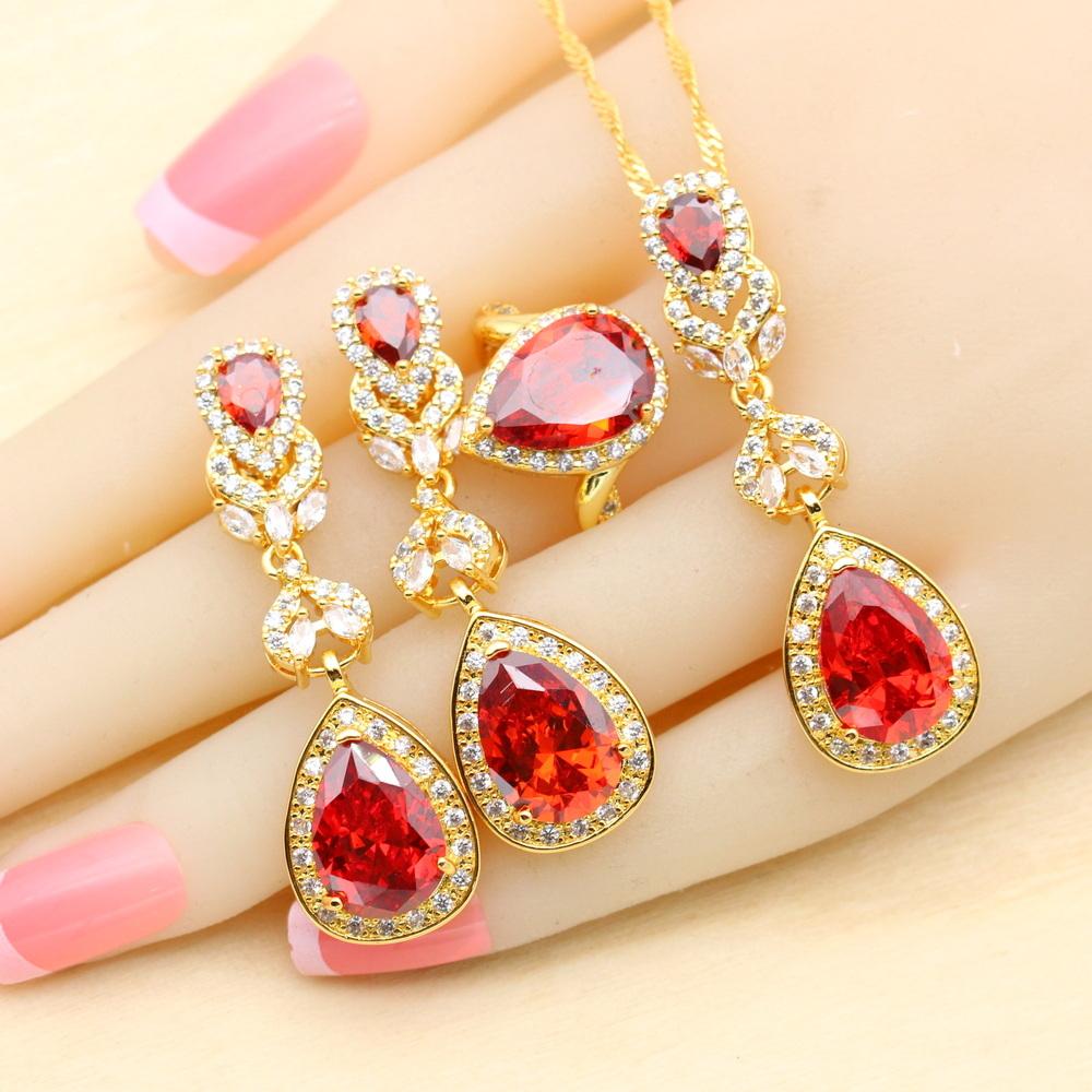 Grüner Kristall Wassertropfen Vergoldete Schmucksets für Damen Hochzeit Armband Ohrringe Halskette Anhänger Ring Party Geschenk