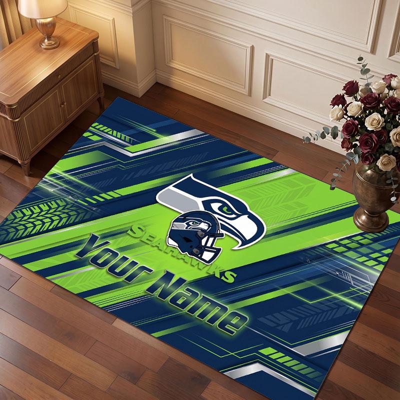 Seattle Seahawks Personalisierter Kristall-Samt-Teppich, Benutzerdefinierter Namens-Text Weicher Anti-Rutsch-Teppich für Wohnzimmer Schlafzimmer