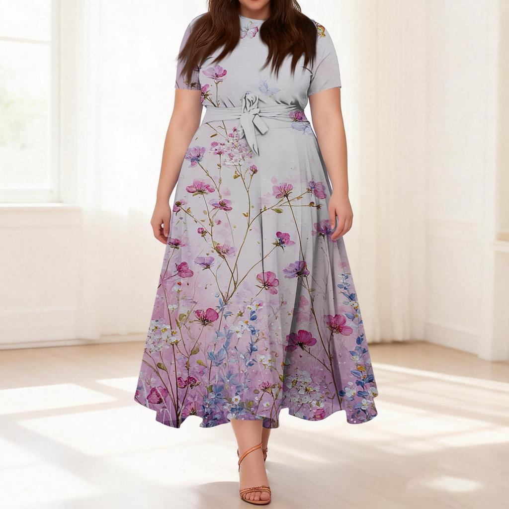 Abito Casual da Donna Taglie Forti Stampa Floreale Retro Girocollo Manica Corta Tasca Cintura Cravatta