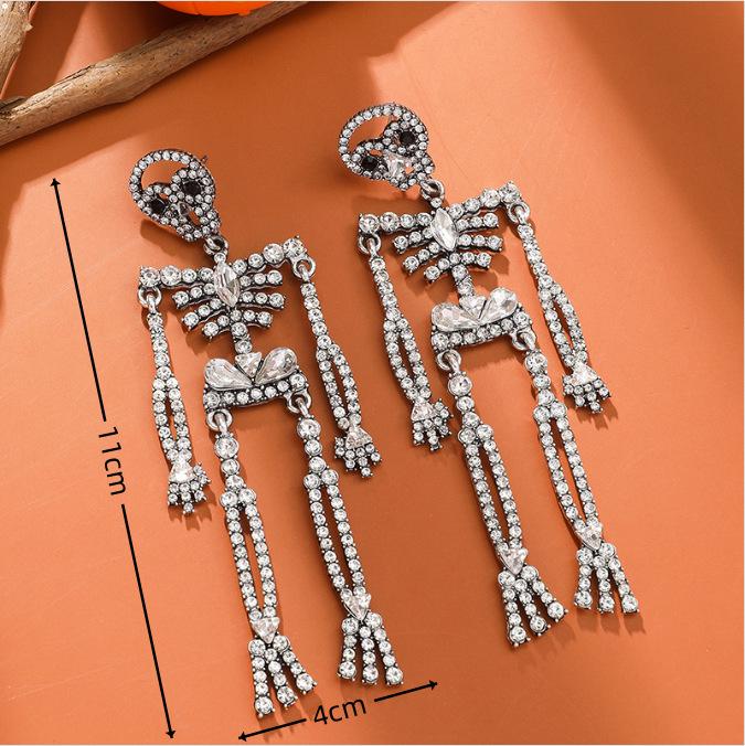Exaggerated Diamond Skull Earrings: Retro Halloween Skeleton Dangles for Women