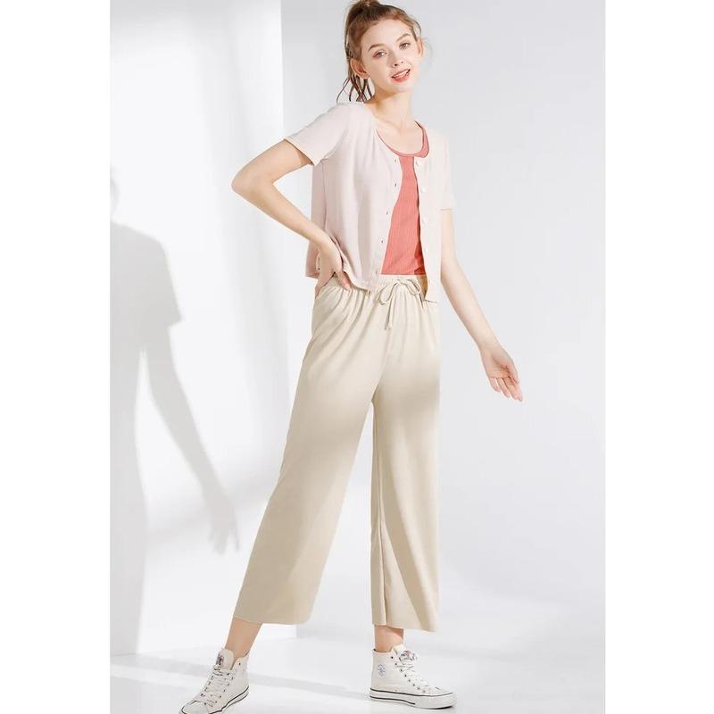 Women Ankle-Length Wide Leg Pants Casual Summer Solid Elastic Waist Loose Ice Silk Pants Spring Summer Female Trousers