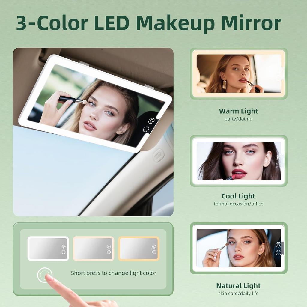 2PCS Car Visor Vanity Mirror With Lights, Rechargeable Dimmable Touch LED Sun Visor Mirrors, Large Detachable Vanity Makeup Mirror With 3 Color Modes