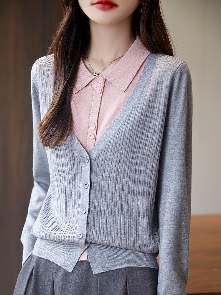 Women's 2024 French Retro Two-Piece Knit Cardigan with POLO Collar - Color Block Loose Sweater Top