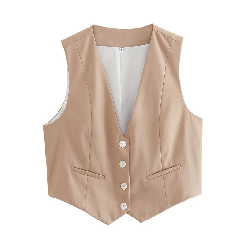 Spring and Summer New Women's Clothing Minimalist Style V Neck Sleeveless Decorated Row Button Short Candy Color Vest Jacket 2347888
