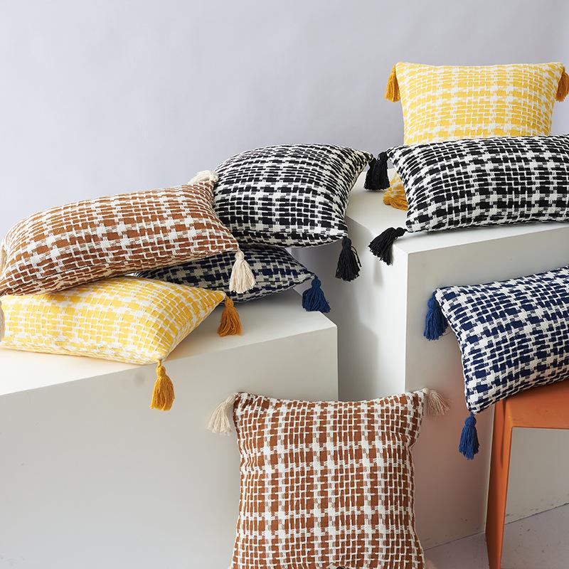 Houndstooth Two-color Woven Pillow Polyester-cotton Tassel Double-sided Office Fashion Ins Style Sofa Cushion Pillow Cover