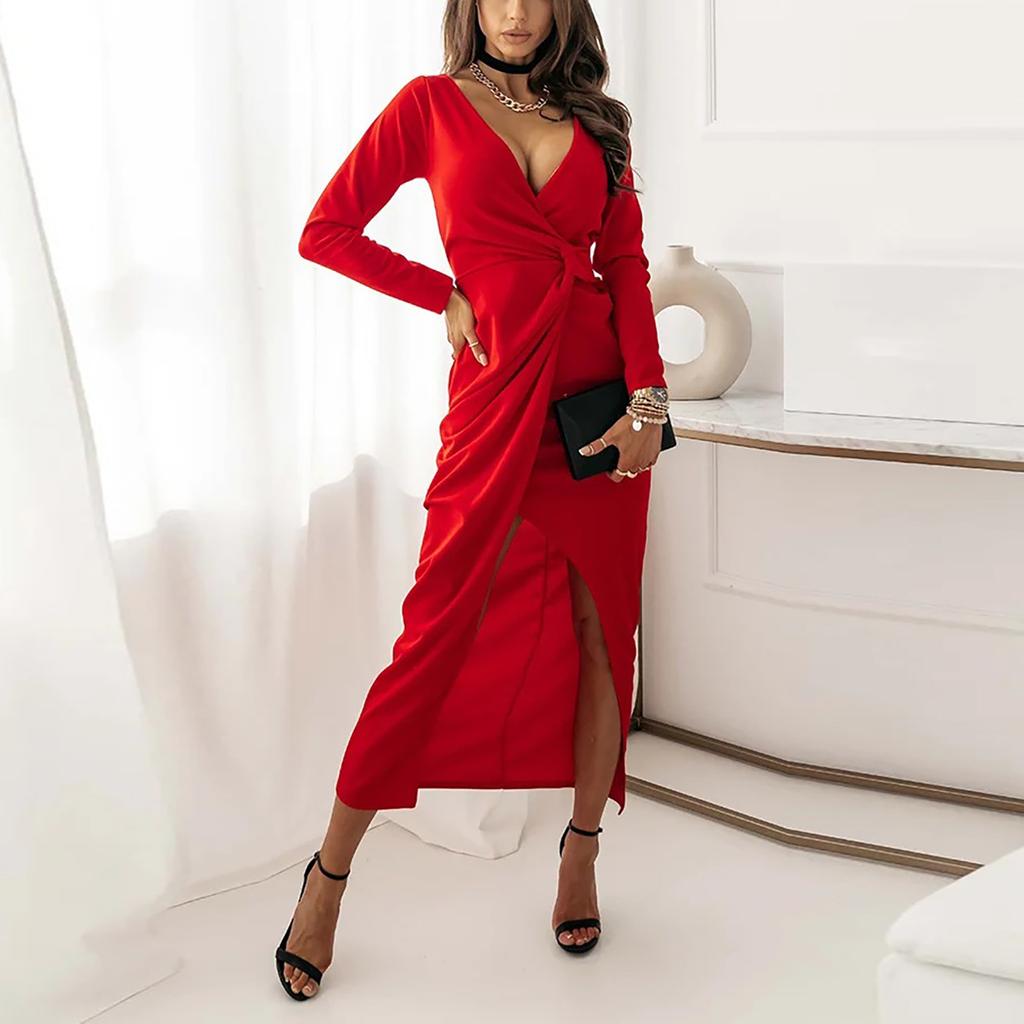 Dámské módní jednobarevné společenské večerní šaty s dlouhým rukávem a výstřihem do V