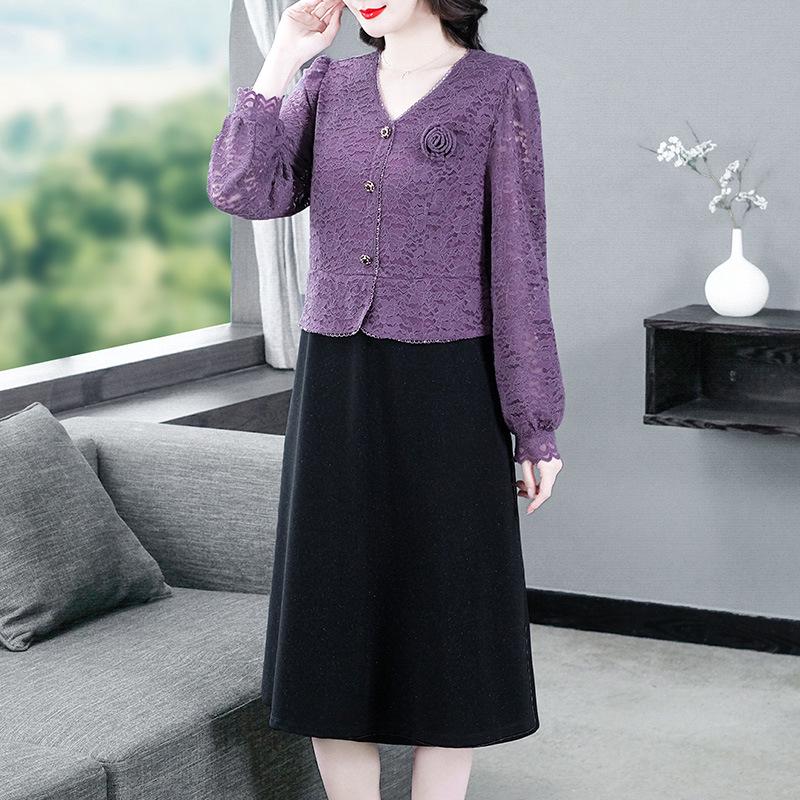 

Весеннее кружевное платье люкс больших размеров с длинным рукавом для женщин L (100-120 lbs) фиолетовый