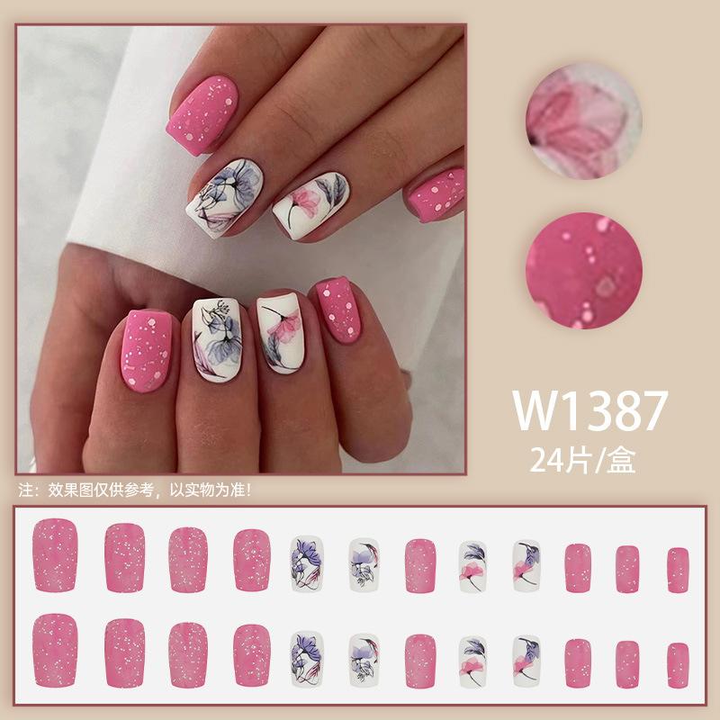 

24 шт. матовых ногтей в национальном стиле средней и длинной длины с рисунком цветка лотоса, лаврового листа, красного драконьего фрукта, красного сердца, белого цвета