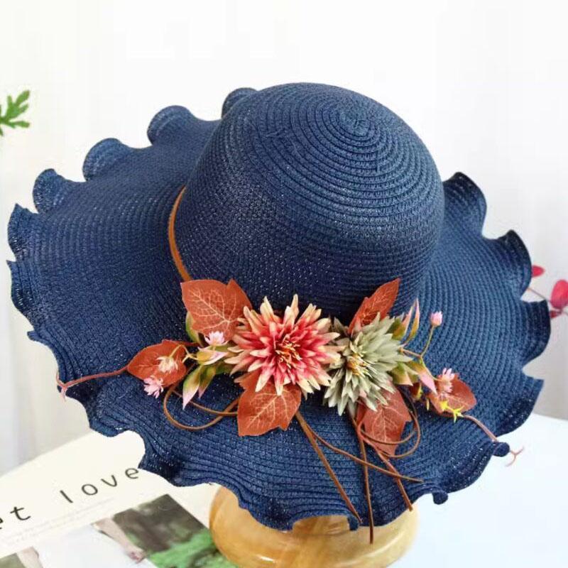 Sommer Damen Strohhut mit Blumen Breiter Rand Welliger Rand Strohhut Panama Hüte Damen Dame Outdoor Faltbare Strand Sonnenkappe