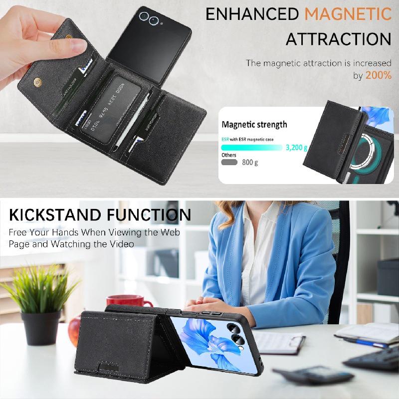 Samsung Z Flip7 Wireless Charging Phone Case with Magnetic Tri-fold Card Holder, Leather Sticker, Velvet Inner, 6-Level Protection.