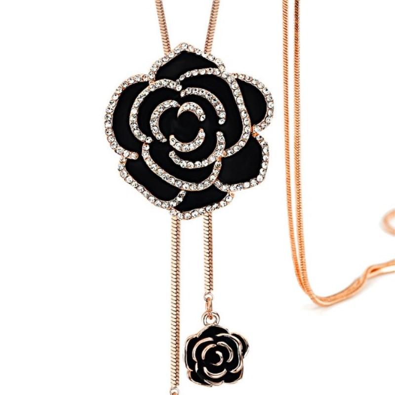 Fashion Black Rose Sweater Chain Female Crystal from Austrian 2 Colors Autumn and Winter Retro Flowers Wild Necklace