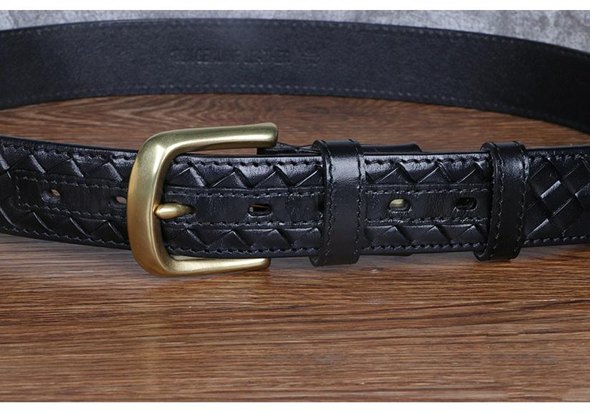 Men's Genuine Leather Woven Belt with Pure Copper Pin Buckle - Retro Casual Style
