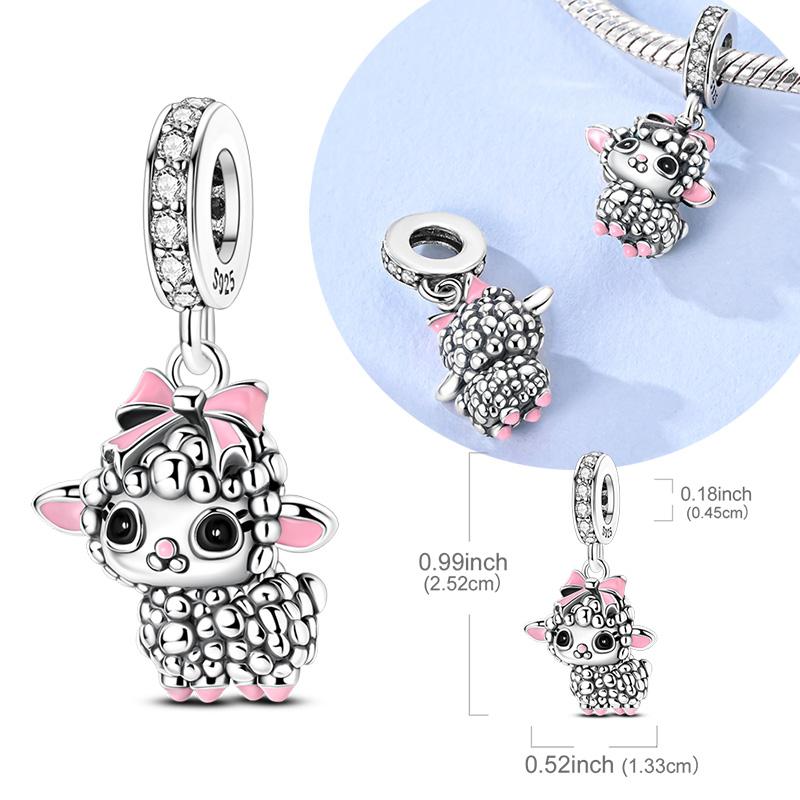 Original 925 Silver Bead Charms Pink Bow Cute Baby Sheep Pendant Fit Original Bracelet For Women DIY Jewelry Gift