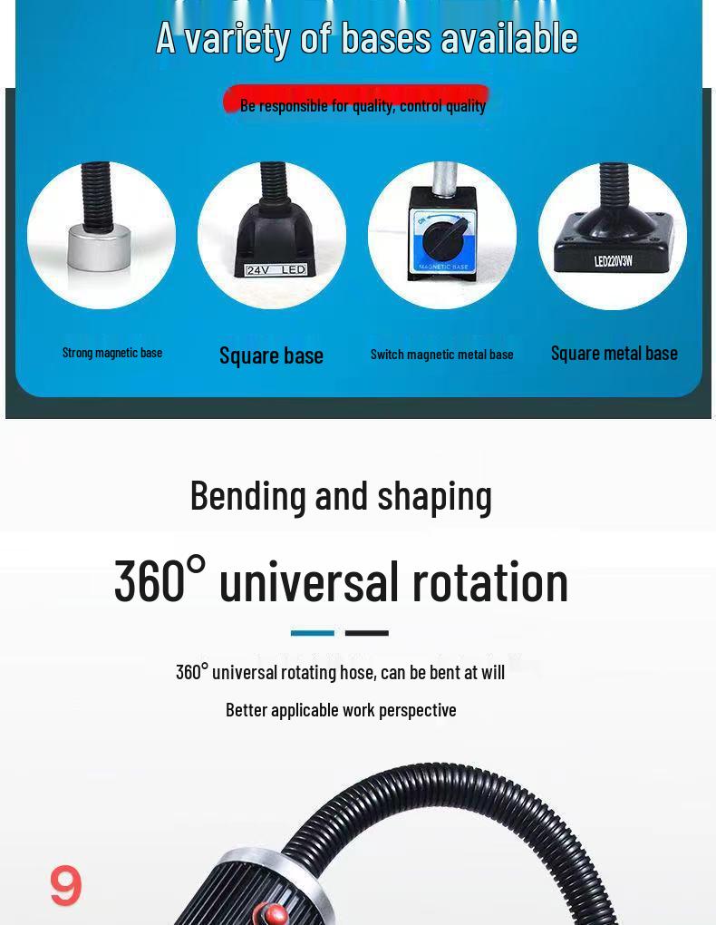 LED Machine Tool Work Light with Flexible Hose and Magnetic Square Base for Lathe and Sewing.