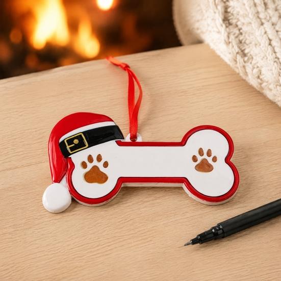 Memorial Pendant Resin Christmas Ornament, Cute Cat Paw/Bone Shaped Xmas Tree Hanging Decoration Custom Dog with Santa Hat for Tree, Car Rearview