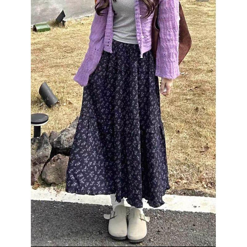 2026 Spring and Autumn New Korean Style Retro Gentle Purple Plus Size Long Sleeve Cardigan Floral Long Skirt Three-Piece Set for Women
