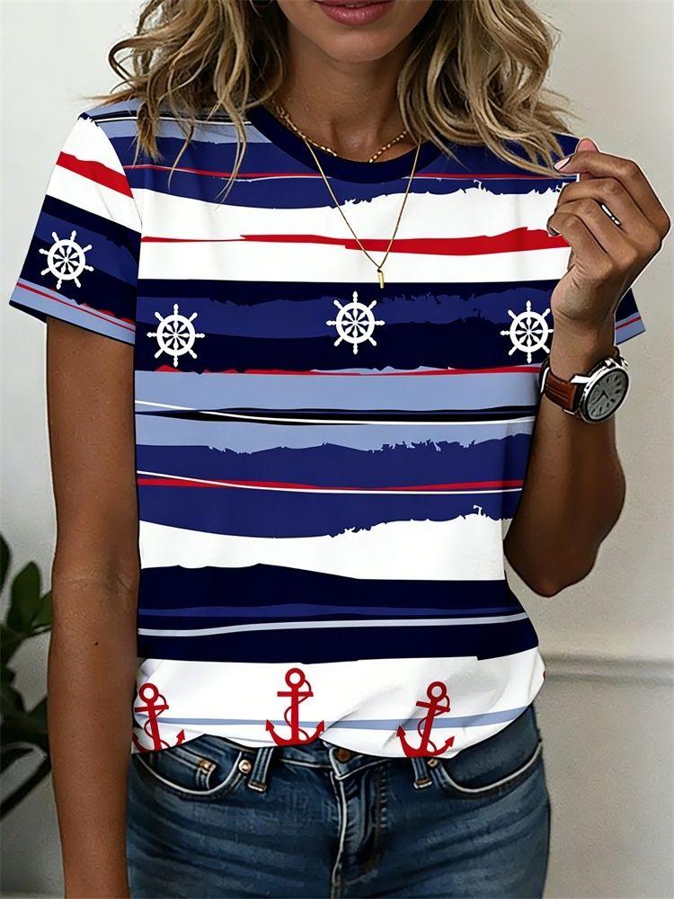 Summer Anchor Stripe 3D Print T-Shirts Women Casual Short Sleeve Round Neck T Shirt Harajuku Y2K Tees Top Female Street Clothing